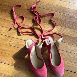 Sezane velour coral pumps with ballerina ties size 39 (8.5)